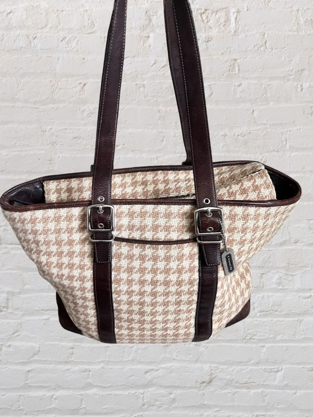 Vintage 2005 Coach 5178 Houndstooth Wool Leather Hamptons Tote Bag